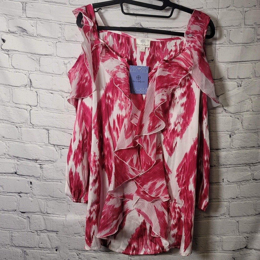 Hot In Hollywood Blouse Womens Large Pink White Ruffle Cold Shoulder Chiffon‎